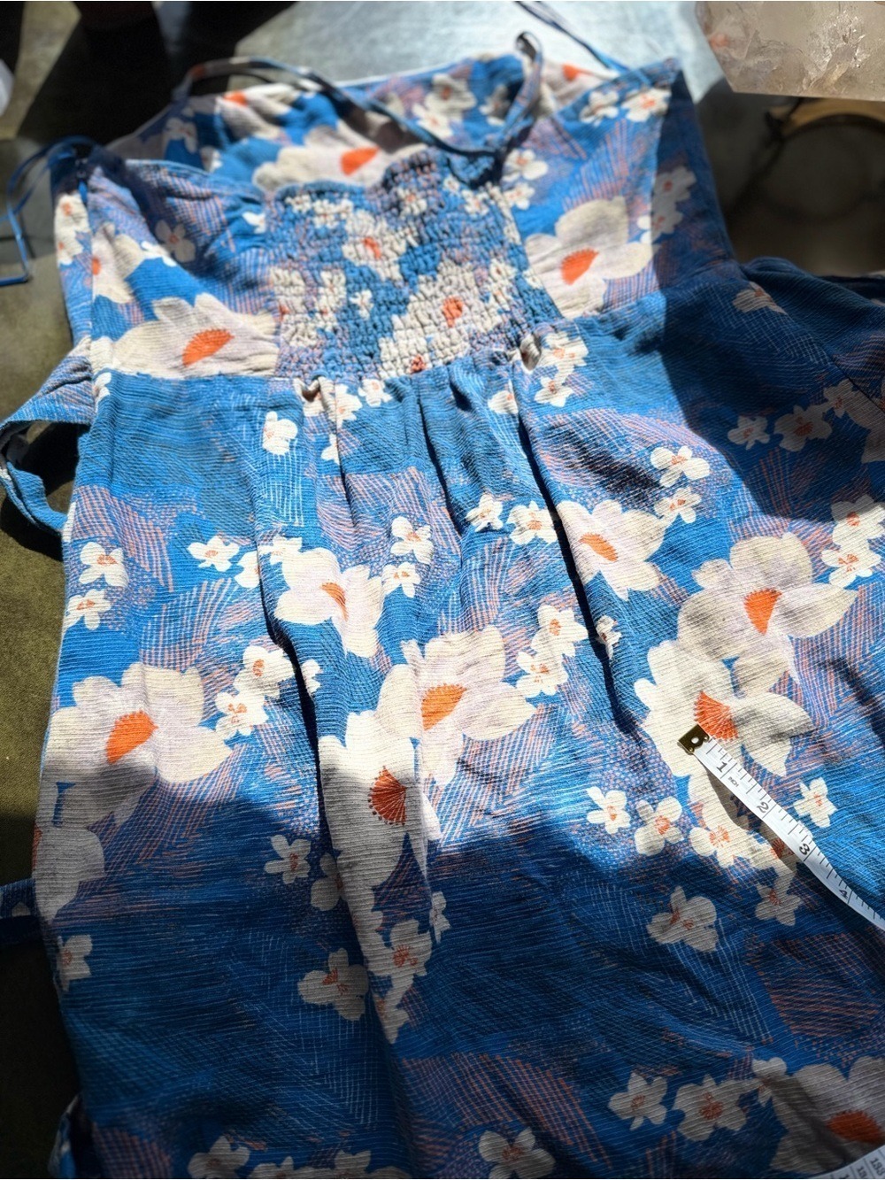 Urban Outfitters Blue Floral Linen Blend Tie Waist Mini Dress Size L - Picture 7 of 7